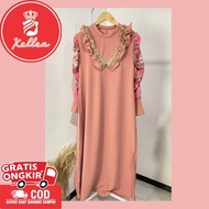 gamis wanita kekinian polos kombinasi renda bunga lebaran model gamis - pink