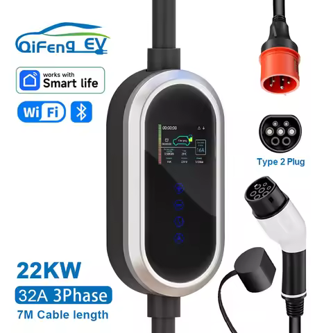 32A 22KW 3-Phase Portable Type2 Plug Charging Box with 7m Cable - Adjustable Current Electric Car Ch