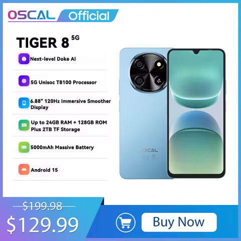 OSCAL TIGER 8 5G AI Smartphone,Unisoc T8100 Processor 6.88" 120Hz Display 8GB +128GB Storage, 5000mA