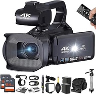 Acuvar 4K 64MP Video Camera Camcorder Vlogging Camera for YouTube 60FPS 18X Zoom Video Camera, WiFi, Webcam, External Mic, 2 64GB SD Cards, 50" Tripod, Case, Card Reader, Remote Control, Dual Charger