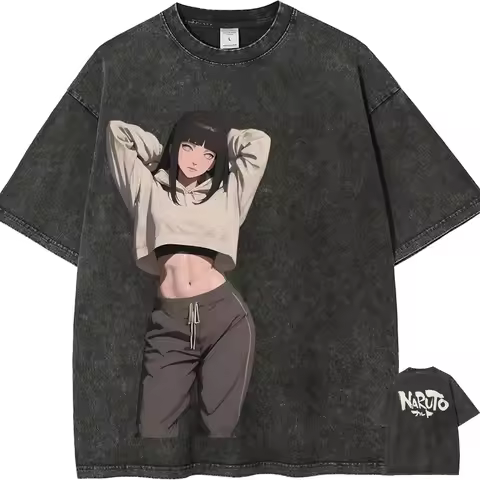 Hinata Hyuga T Shirt Naruto Men Acid Wash Anime Girl Graphic Cotton Streetwear Byakugan Princess Man