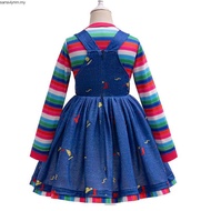 Horror Movie Chucky Doll Cosplay Costume For Kids Striped Top+Print Suspender Dress For Little Girl 
