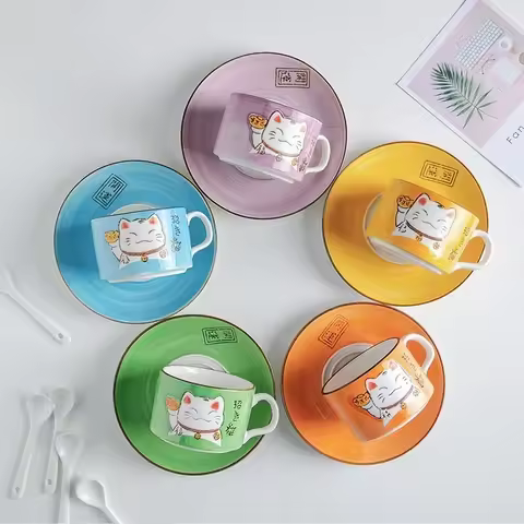 Coffee Cup Waterware Lucky Cat Dish Saucer Spoon Set Gift Box Japanese Green Handle Cartoon Tea Drin