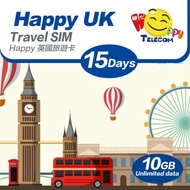Happy UK SIM Card | 3UK | 5G/4G | 15 Days | 10GB High-Speed Data + Unlimited Data | Prepaid Travel S