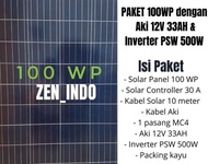 HEMAT SOLAR PANEL 100WP, AKI 12 V 33 AH DAN INVERTER PSW 500W