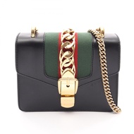 【二手】Gucci GUCCI Sylvie Web Line 431666 黑色/RED/綠色皮革 Sylvie Mini 女士單肩包