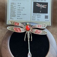 天然墨西哥紅藍珀蜻蜓造型胸針