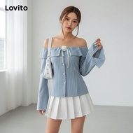 Lovito Blaus Kasual Corak Berjalur Kancing Ruffle Blaus untuk Wanita L61AD024 (Multi-warna)