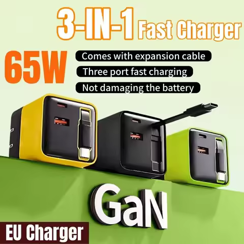 65W Gallium Nitride Fast Charger With Built-in Retractable Charging Head Dual-port A+C for Apple Hua