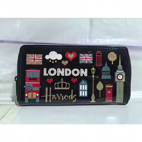Harrods Clutch Bag 20*10.5*2cm Black Pvc Letter Crown Peach Heart Long Wallet Lipstick Storage Bag