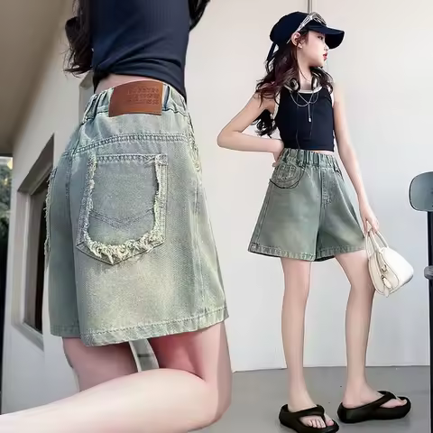 New Summer Girls Vintage Casual Denim Shorts with Raw Hem for Tween Child Blue Wash Mini Jeans Short