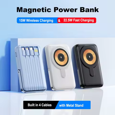 20000mAh Transparent Magnetic Wireless Charger Power Bank Built in Cable for iPhone 17 16 X Samsung 