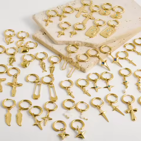 Golden Exquisite Sword Cross Star Hoops Earring Fashion Natural Shell Stainless Steel Earrings For W