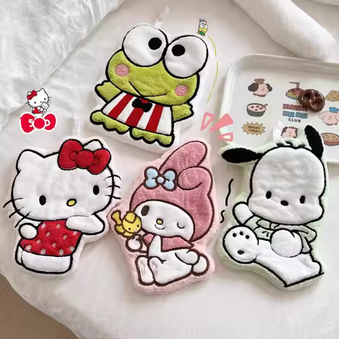 Kawaii Hallokitty & My Melody Hanging Hand Towel, Cartoon Hand Towel Water-Absorbent Coral Fleece Ki