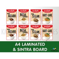 Adobo, Steak, Bicol Express, Kare-kare, Lugaw arroz-caldo, Bulalo, Mac and Cheese Chicken SIGNAGES