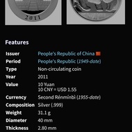 Koin Proof Silver 10 Yuan China - Panda Series Th 2011 - 1.Oz Koleksi