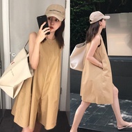 Korean Version Loose Retro Five-Point Wide-Leg Jumpsuit Women Summer Solid Color Round Neck Sleeveless Casual Slimmer Look Overalls Ju