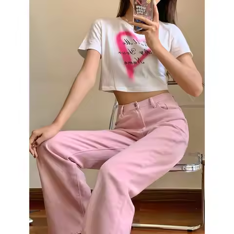 Pink Jeans Full Length Low COTTON Straight Button Fly Casual Y2K Girls Jeans Korean Lady Preppy Styl