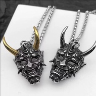 Kalung Pria Titanium Rantai Topeng Oni Iblis Jepang Tanduk Emas K169
