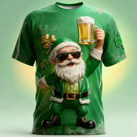 St. Patrick's Day Pattern T Shirt For Men Clover Beer 3D Printed Tees Summer Casual O-Neck Tops Over