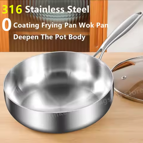 316 Stainless Steel Frying Pan Deepened Wok Uncoated NonStick Skillets Gas Stove Induction Cooker Un