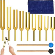 11 Pcs Aluminum Alloy Solfeggio Tuning Fork Set, 9 Gold Forks with 2 Mallets, Includes Blue Pouch wi