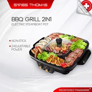 Swiss Thomas 2in1 Square Electric BBQ Grill & Steamboat Big Size Hot Pot Shabu Fry Pan Two Switch Co