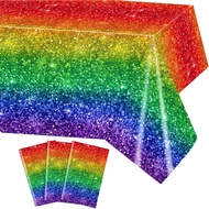 Pride Rainbow Tablecloth 3 PCS Shiny Disposable Rainbow Table Cover Rectangle Plastic Waterproof Tab