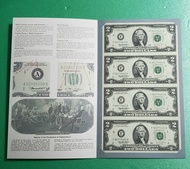 (美金連體鈔) 1995年版美金2元4-in-1 未經切割連體鈔   全新直版連原裝套册  按圖發貨