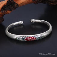 Solid Pure Silver Free Mother Enamel Bracelet Peony Flower Bracelet Chinese Style Temperament Nafu F