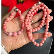 Beautiful shiny pink stone necklace and bracelet, cold to hold, unknown stone, neck, 8.5 mm long, 48