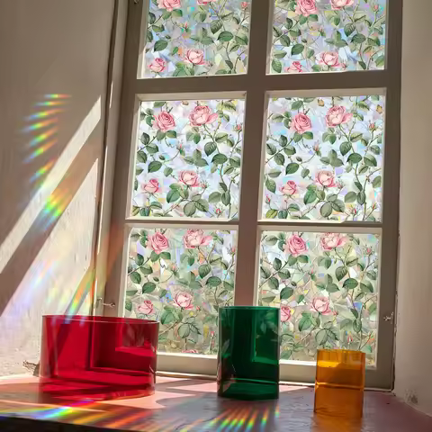 Colorful Sunlight Glass Sticker with Rose Flowers and Vine Design Double Sided Printed Static Cling 