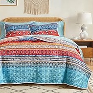 Flysheep 2 Pieces Colorful Boho Quilt Set Twin Size, Bohemian Striped Blue n Red Printed Bedding Bed