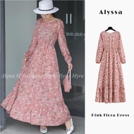 [Malay Stock] Alyssa Fashion Baju Raya 2023 Pink Maxi Dress Elegant Long Sleeve Floral Print Hijab o