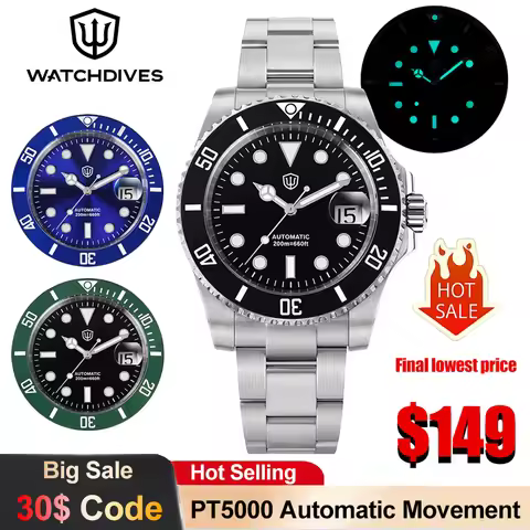 Watchdives WD5512 V2 Mechanical Watch PT5000 Automatic Movement Sub Diver Watch Sapphire Stainless S