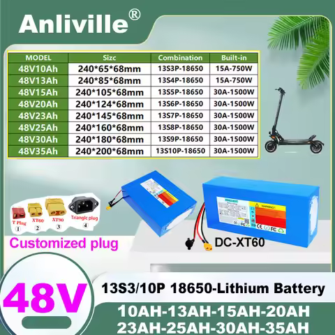 New 48V 10Ah/13Ah/15Ah/20Ah/23Ah/25Ah/30Ah/35Ah 18650 13S3-10P Lithium battery pack Built in BMS For