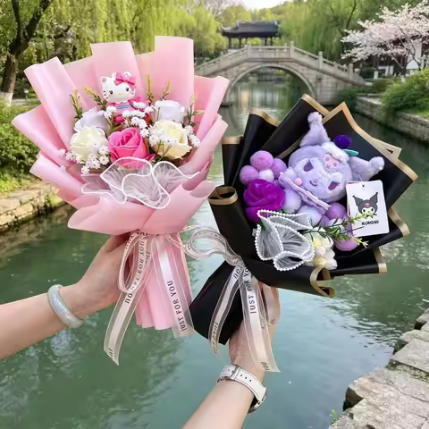 Genuine Sanrio Characters Plush Toys With Artificial Flowers Creative Handmade Bouquets Christmas Bi