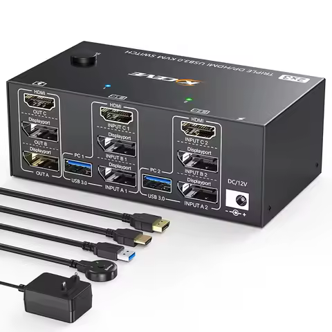 Triple Monitors KVM Switch 2 Displayport + HD-MI USB 3.0 KVM Switch 8K@60Hz,4K@144Hz,Apply to 2 Moni