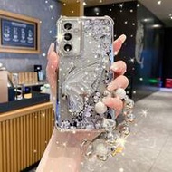 Luxury Minimalist Silicone TPU Butterfly Element Luxury Glitter Butterfly Faux Pearl Wrist Strap Fas