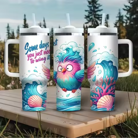 40oz Tumbler with Handle, Funny Quote Cute Bird Ocean Wave Printed Cup, Suitable for All People, Fit