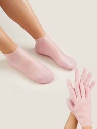 水療保濕襪子和手套套裝,柔軟矽膠後跟凝膠襪子與護膚手套,幫助腳部乾燥、腳後跟乾裂、老繭、皮膚粗糙、死皮,與您最喜歡的水療修腳乳液一起使用,粉色
