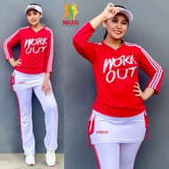 Set Baju Senam Rok Merah Putih Setelan Zumba Baju Aerobic Panjang Gym Fitness Running Jogging Cycling Sepeda Gowes Seragam Olahraga Training Wanita Hijab Panjang Muslim Indoor Outdoor