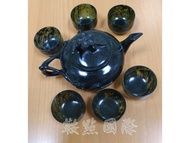 墨玉茶壺＋６個墨玉茶杯（墨玉壺墨玉石雕壺墨玉茶具）