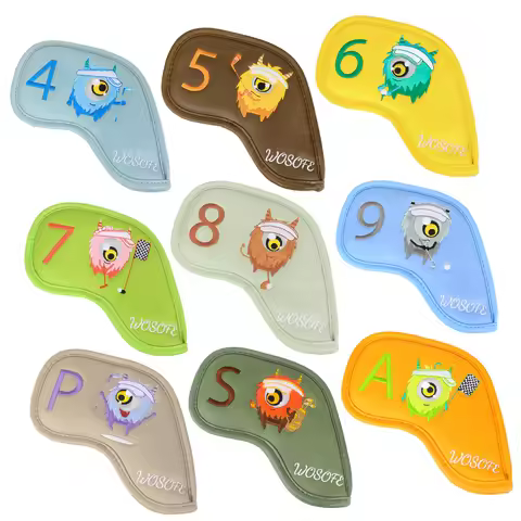 9 Pcs Golf Iron Head Covers Fun Monster Embroidery, Universal PU Material Golf Club Protectors, Mixe