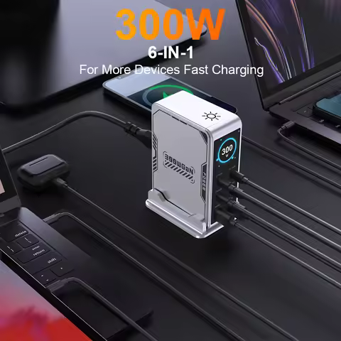Ubigbuy 300W GaN Charger PPS PD 100W USB Type C 6-Port Digital Display Desktop Fast Charging Station