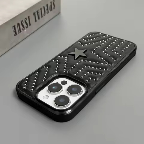 Fashion Silver Rivets Five-pointed Star Leather Shockproof Phone Cover Case for iPhone 17 16 15 14 P