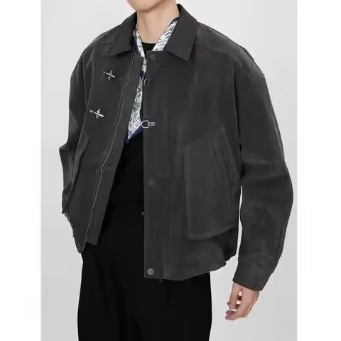 2026 Spring American Lapel Aircraft Button Jacket Y2K Harajuku Men's Personalized Splicing Large Poc