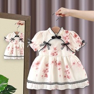 Baby Girls Summer Dress Chinese Knot Button Improved Cheongsam Chinese Brush Painting Dress