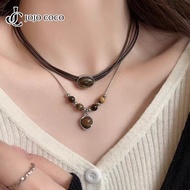 JOJO COCO Leather Tiger-eye Stone Necklace Women's Retro Temperament Niche Necklace Clavicle Chain A