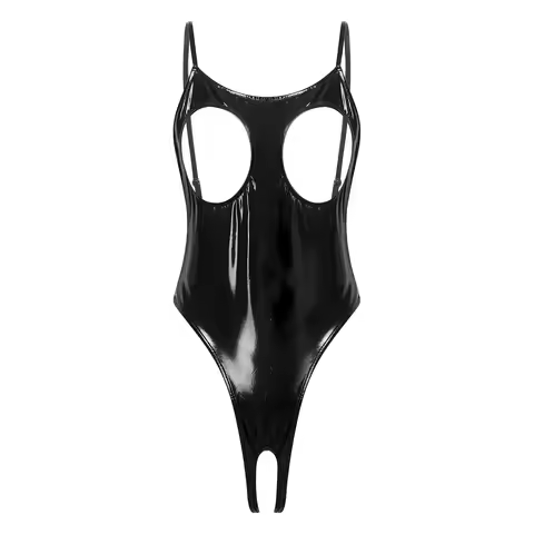 Women's Glossy Cutout Bodysuit Nightwear Hollow-out Cup Crotchless Spaghetti Straps Leotard for Rave